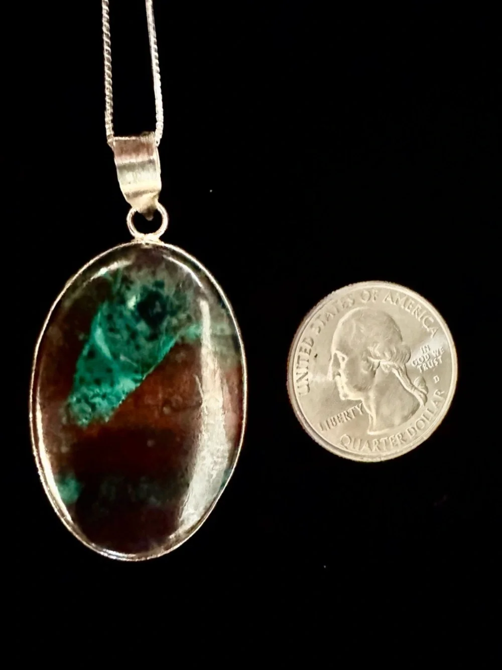 Turquoise and Red chrysocolla quartz Oval Pendant Necklace sterling silver‎